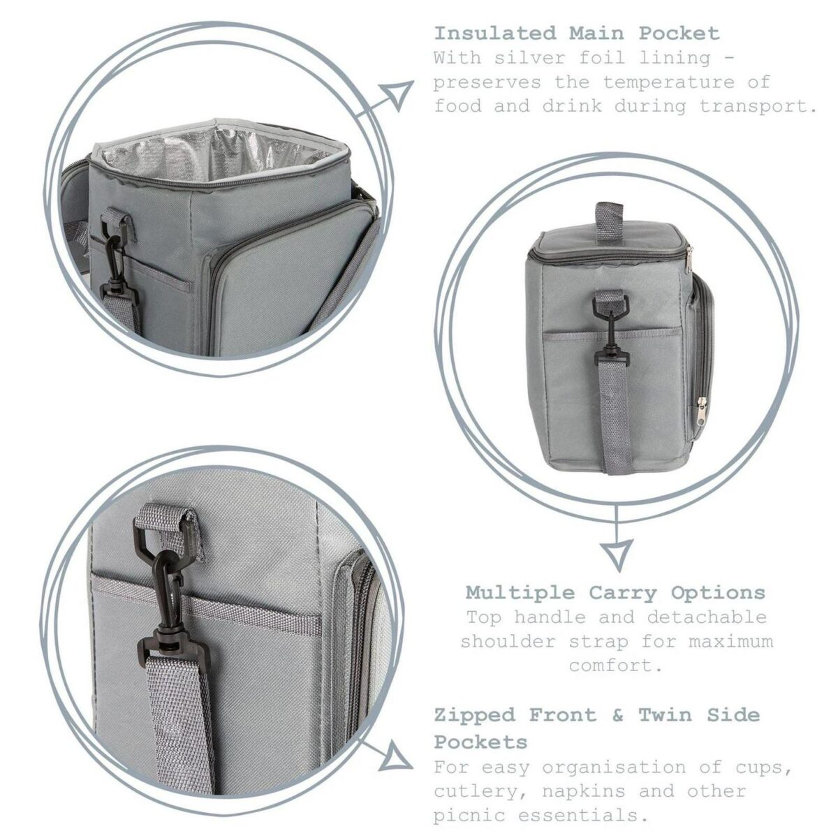 Insulated Cool Bag Lunch Picnic BBQ Cool Bag Shoulder Strap 24 x 27cm Grey - Image 2