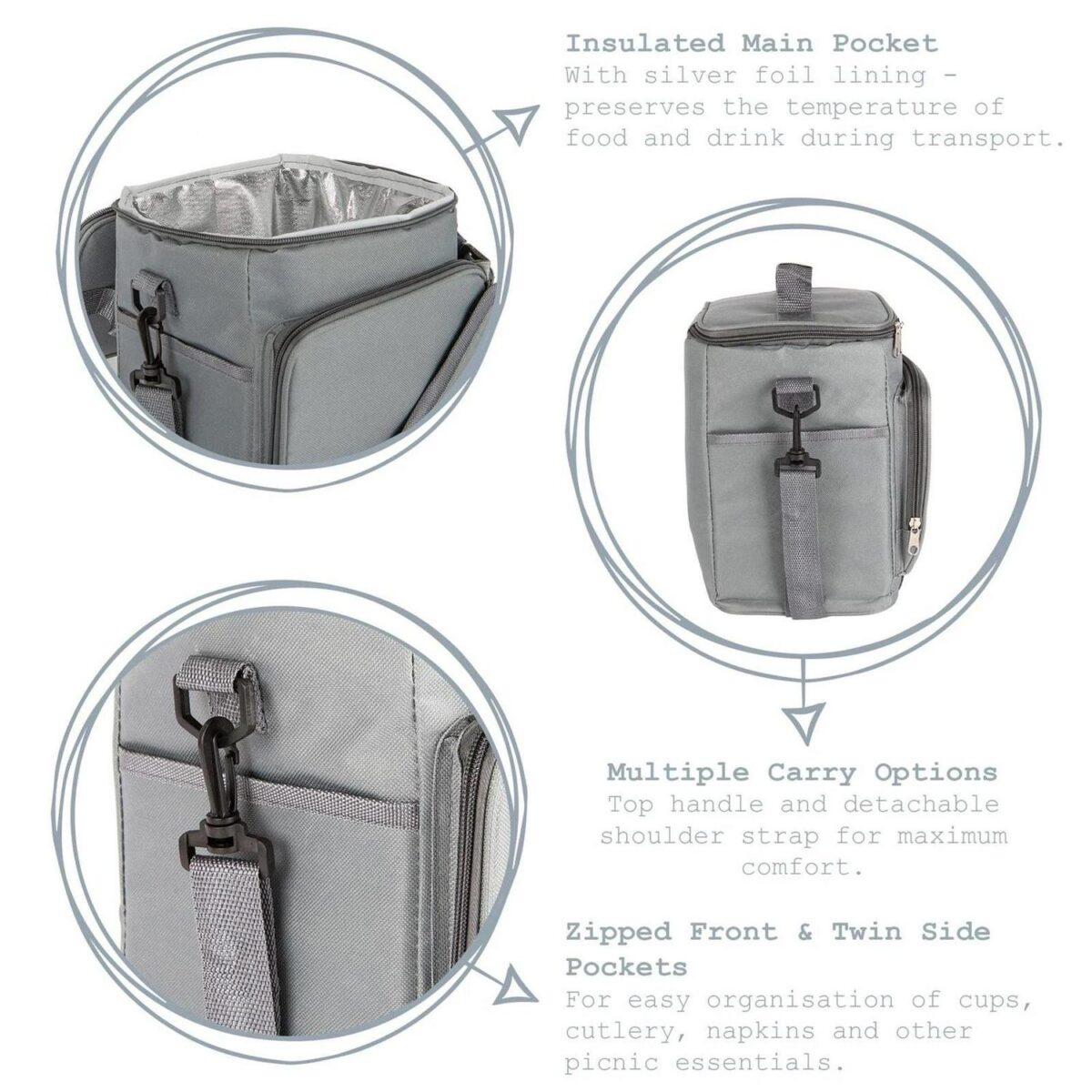 Insulated Cool Bag Lunch Picnic BBQ Cool Bag Shoulder Strap 24 x 27cm Grey - Image 2
