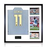 Jeremy Doku MCFC 24/25 Signed Framed Shirt, including 3 Photos