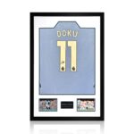 Jeremy Doku MCFC 24/25 Signed Framed Shirt, including 2 Photos