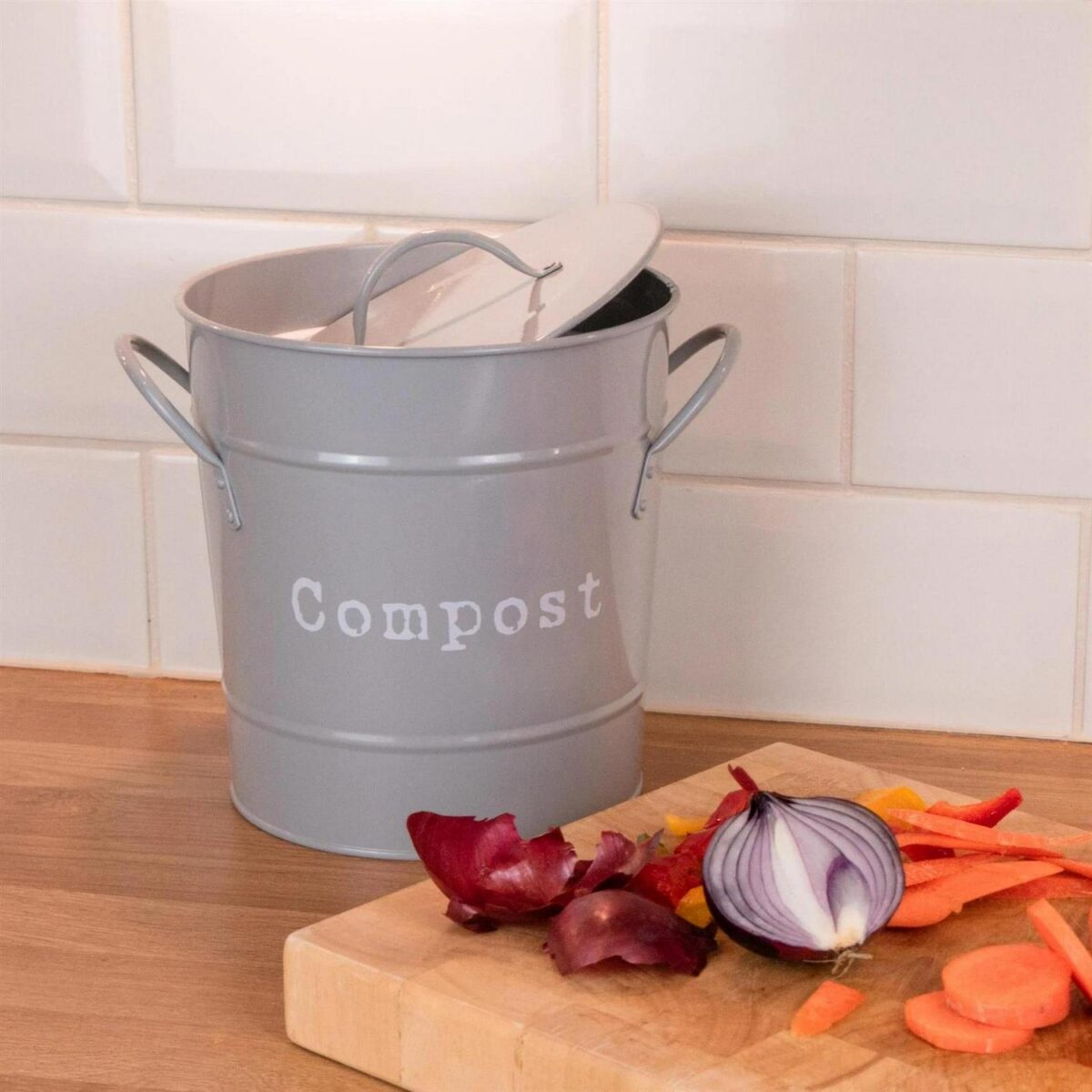 Kitchen Compost Bin Bucket Steel Waste Pail with Lid Plastic Inner - Grey - Image 7