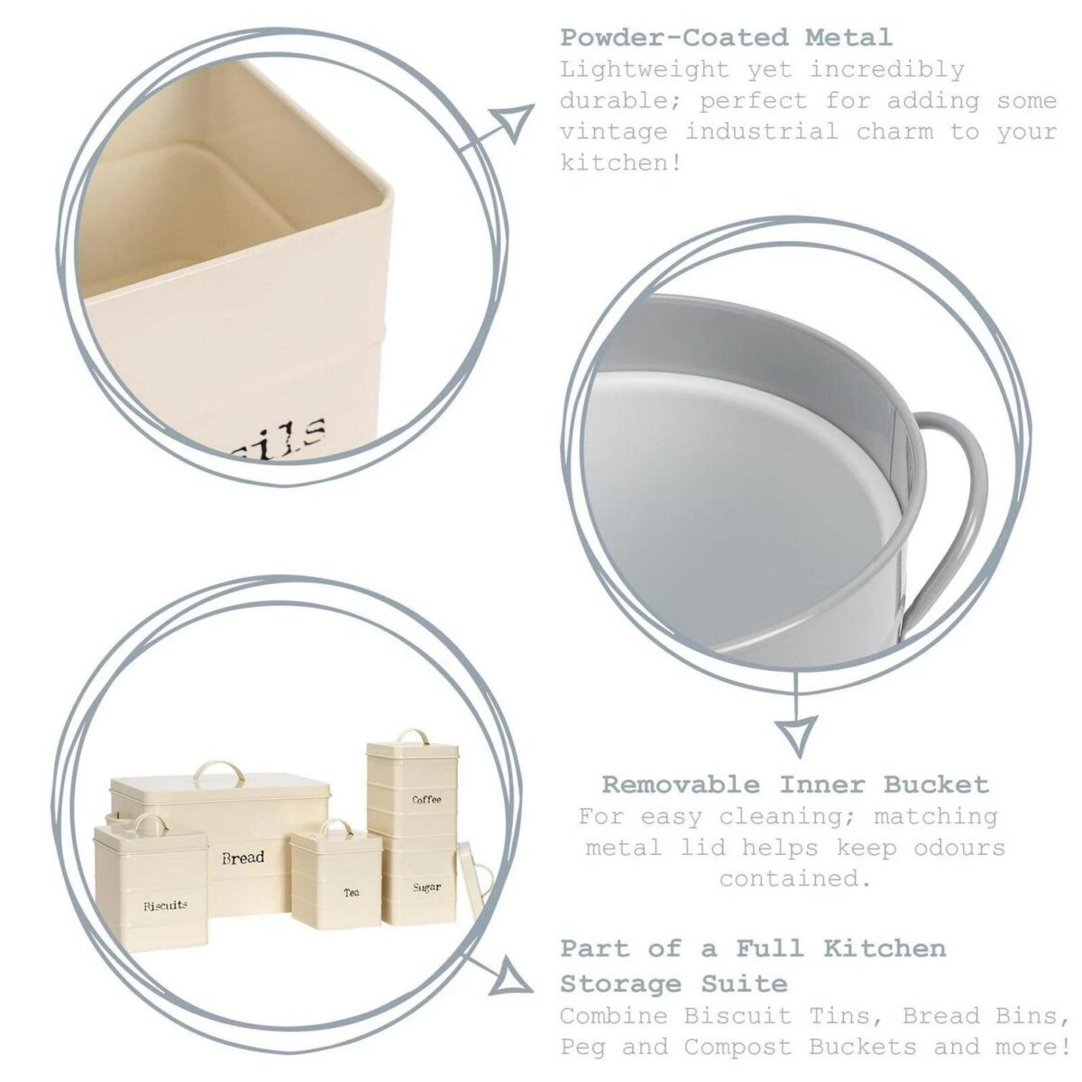 Kitchen Compost Bin Bucket Steel Waste Pail with Lid Plastic Inner - Grey - Image 2