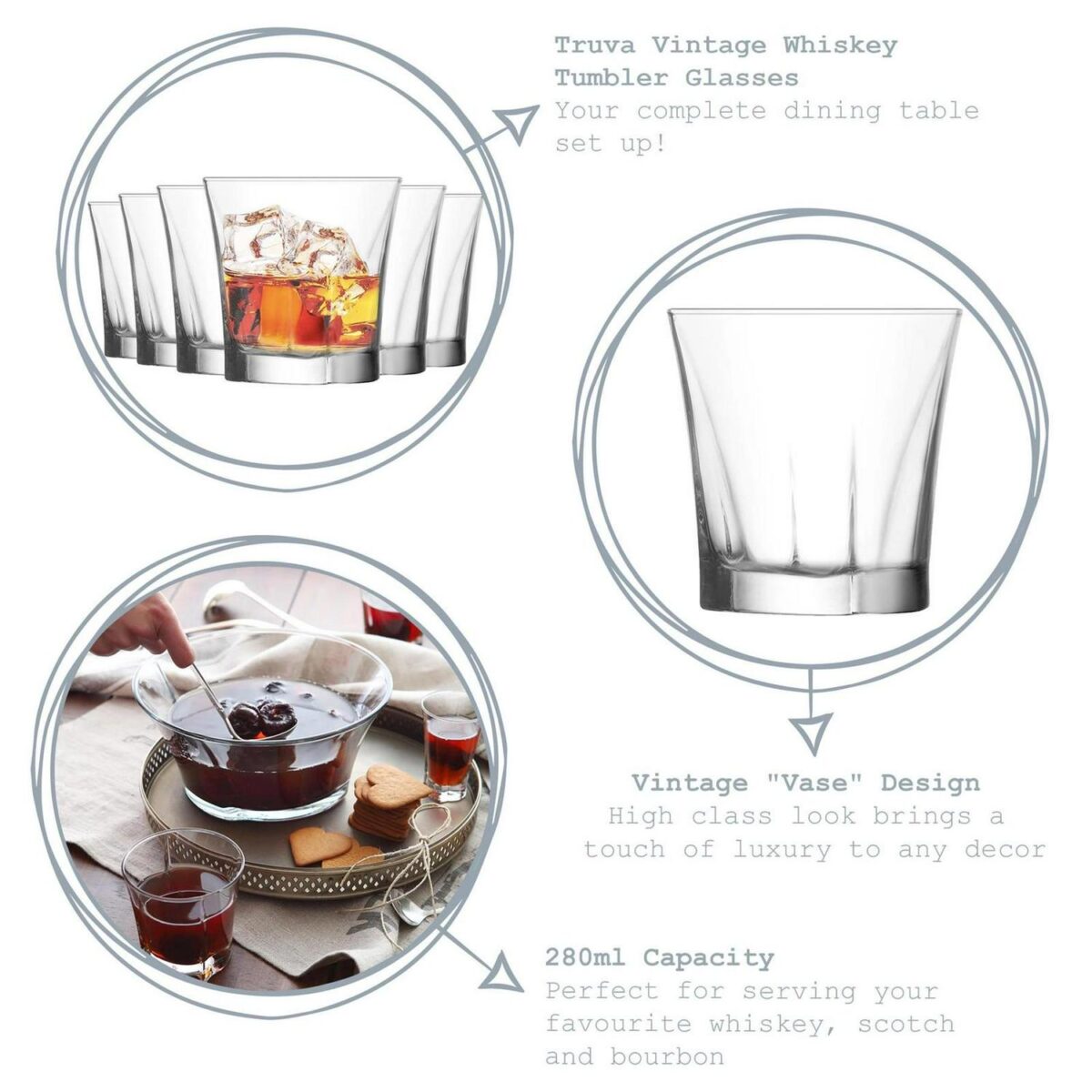 LAV 12x Truva Whisky Glasses Vintage Water Juice Cocktail Tumblers 280ml Clear - Image 2