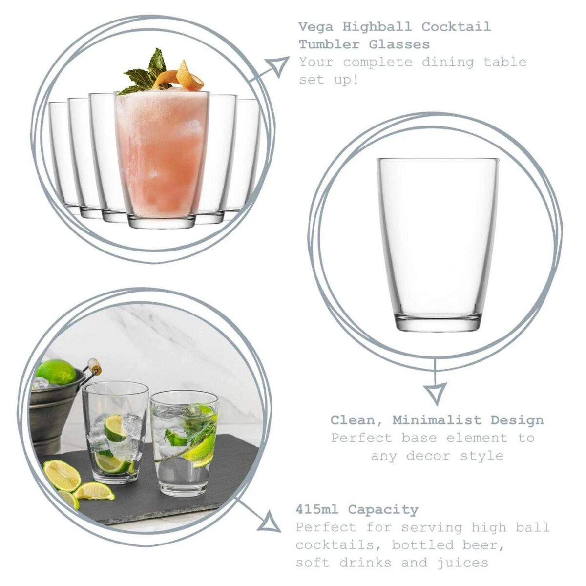 LAV 12x Vega Highball Glasses Water Juice Cocktail Tumblers 415ml Clear - Image 2