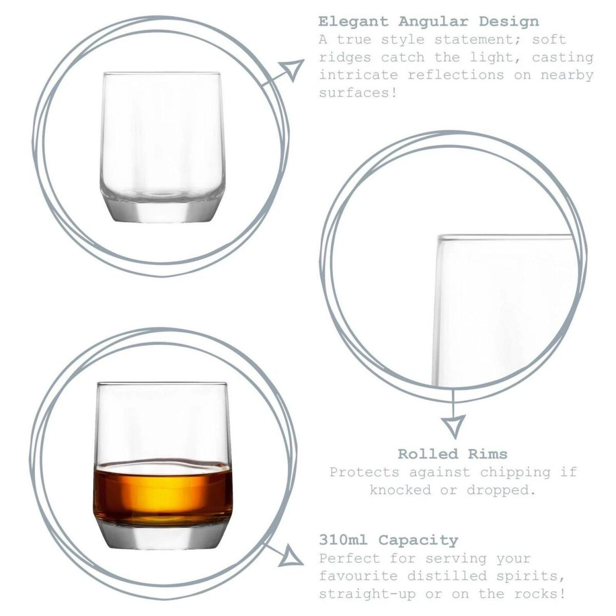 LAV 6x Diamond Whisky Glasses Water Juice Cocktail Tumblers 215ml Clear - Image 2