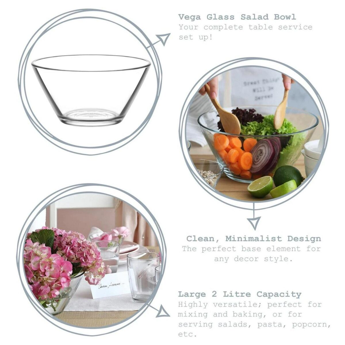 LAV Vega Glass Serving Bowl Kitchen Mixing Dishes 22.5cm Clear - Image 2