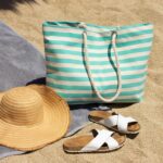 Large Striped Canvas Tote Beach Bag Shoulder Bag 55cm x 36cm Seafoam - Image 6