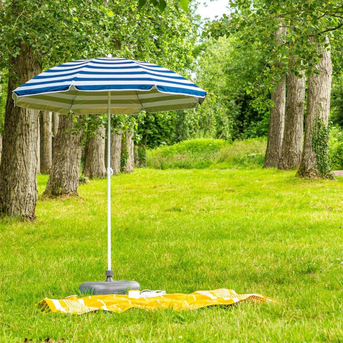 Metal Beach Parasol with Base 1.8M x 2M Blue Stripe/Grey UPF50+ Garden Umbrella - Image 5
