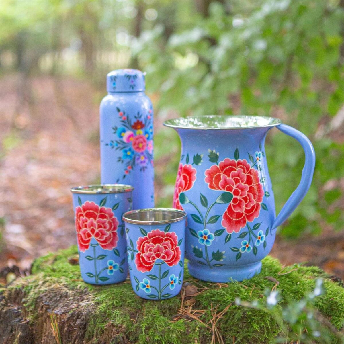 Ocean Peony 1.7L Stainless Steel Hand-Painted Picnic Water Jug and 300ml Cups - Image 6