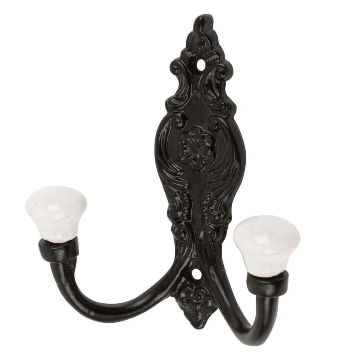 Ornate Double White Ceramic Coat Hook Cast Iron Vintage W100mm x H115mm Black - Image 1