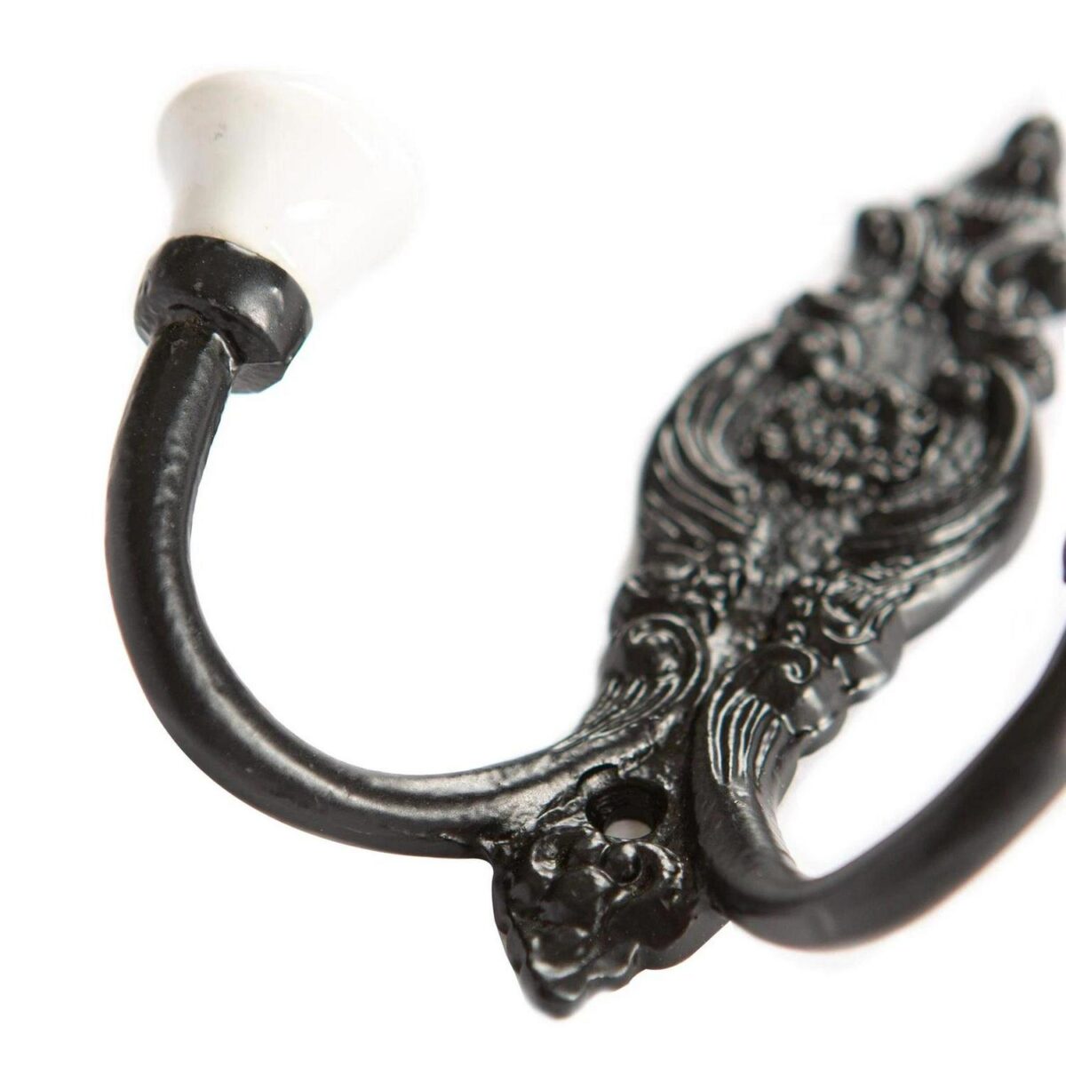 Ornate Double White Ceramic Coat Hook Cast Iron Vintage W100mm x H115mm Black - Image 2