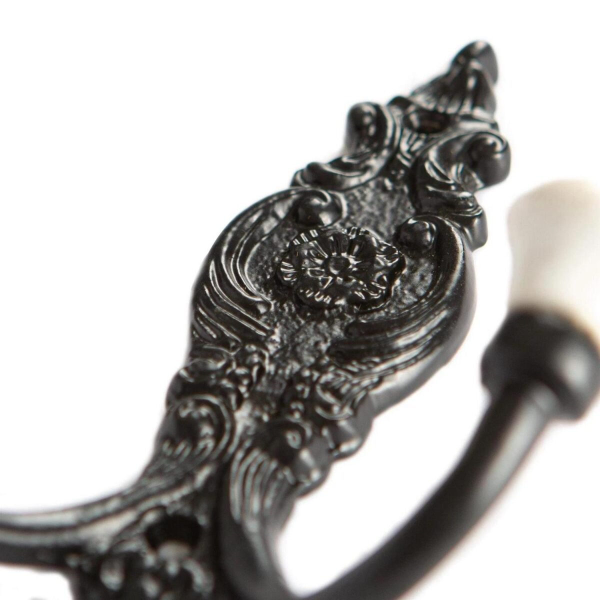 Ornate Double White Ceramic Coat Hook Cast Iron Vintage W100mm x H115mm Black - Image 3