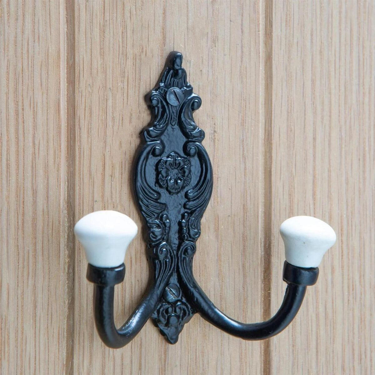 Ornate Double White Ceramic Coat Hook Cast Iron Vintage W100mm x H115mm Black - Image 6