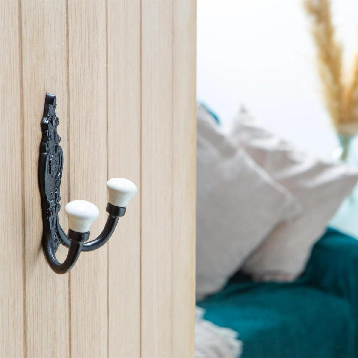 Ornate Double White Ceramic Coat Hook Cast Iron Vintage W100mm x H115mm Black - Image 5