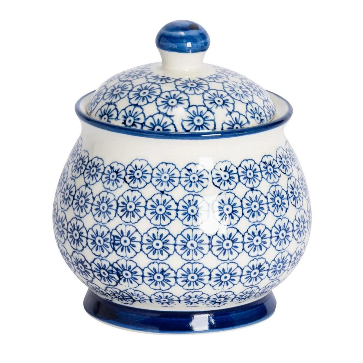 Patterned Sugar Bowl / Pot with Lid - Blue Flower - Image 1