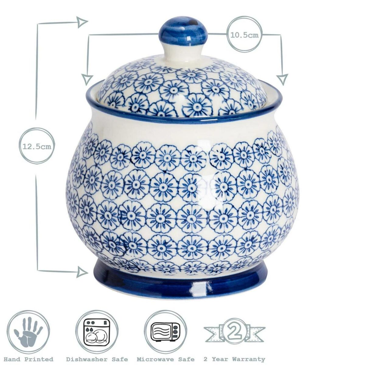 Patterned Sugar Bowl / Pot with Lid - Blue Flower - Image 6