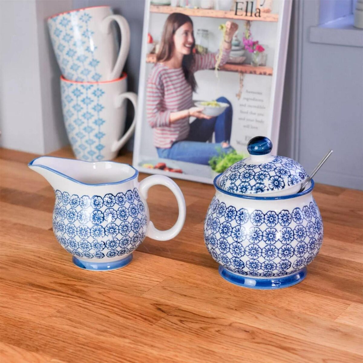 Patterned Sugar Bowl / Pot with Lid - Blue Flower - Image 3