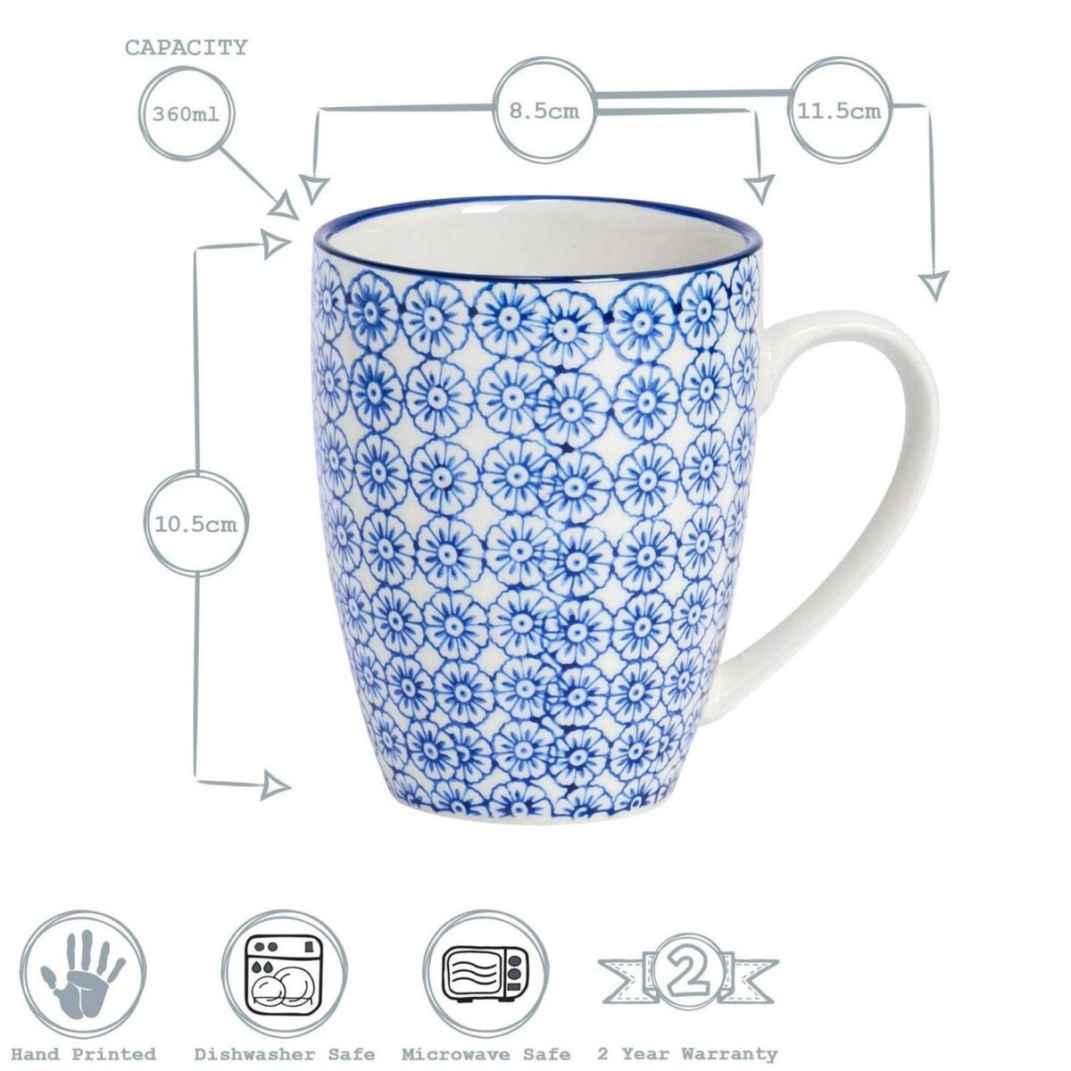 Patterned Tea Coffee Mug Porcelain Restaurant Mugs Cups - Blue Print - 330ml x6 - Image 3
