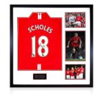 Paul Scholes MUFC Premier League Signed Framed Shirt, including 3 Photos