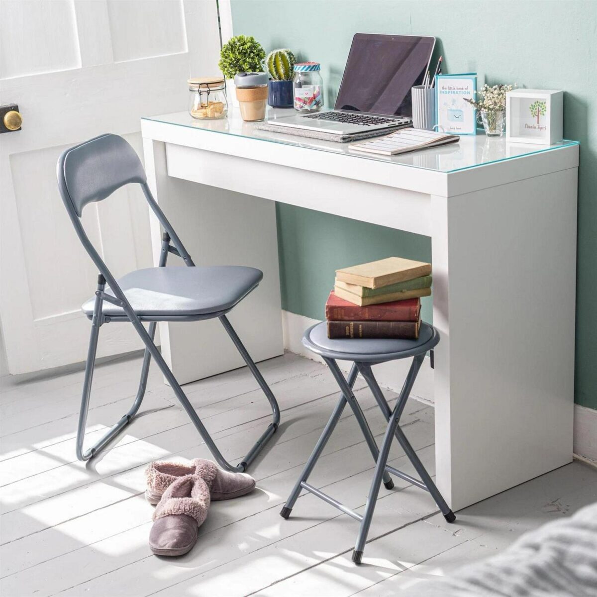 Round Folding Padded Stool. Office Kitchen Breakfast Stools Metal Frame Grey x2 - Image 6