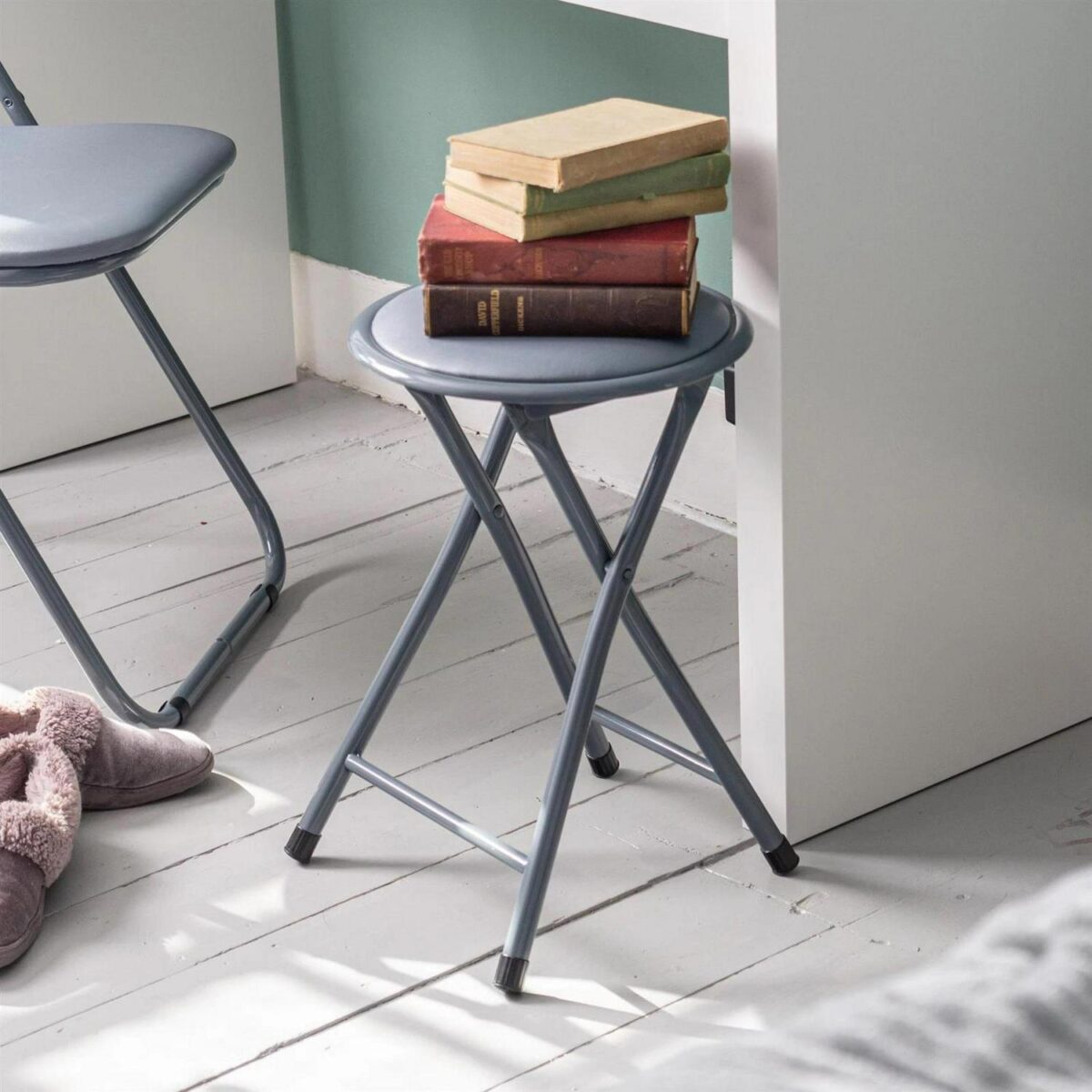 Round Folding Padded Stool. Office Kitchen Breakfast Stools Metal Frame Grey x2 - Image 7