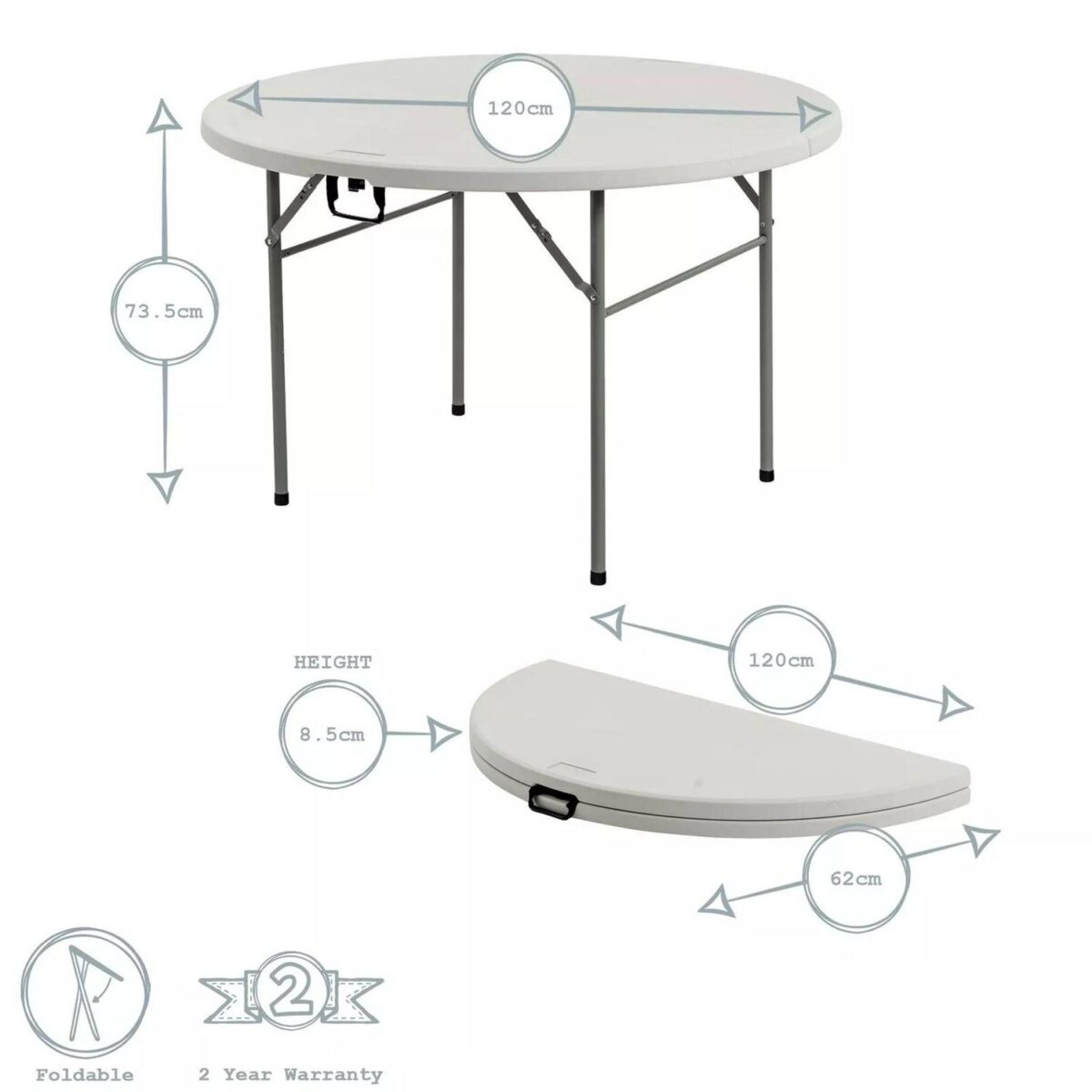 Round Folding Trestle Table Easy Store Office Desk Heavy Duty Events 120cm White - Image 3