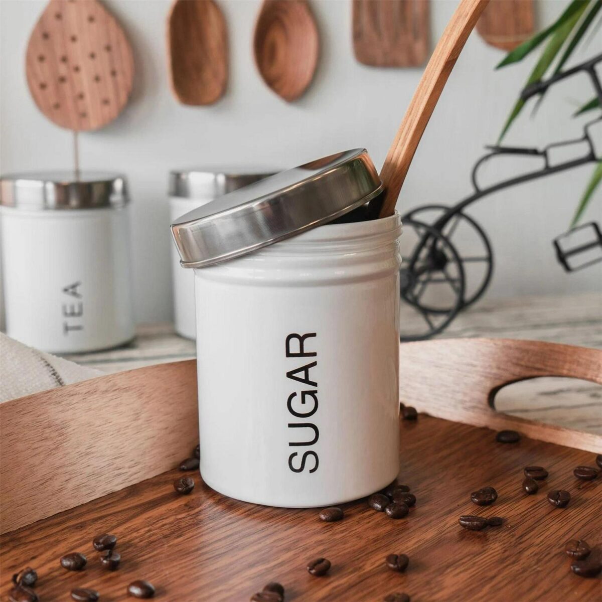 Round Metal Kitchen Sugar Canister Home Storage Organisation Jar 10cm White - Image 5