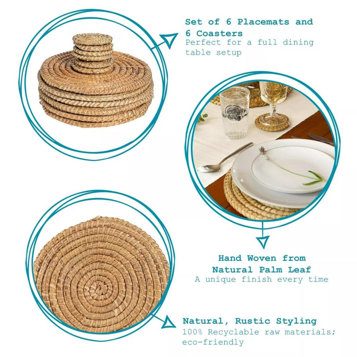 Round Straw Placemats and Coasters Dinner Water Hyacinth Weave - Palm Leaf - x12 - Image 2
