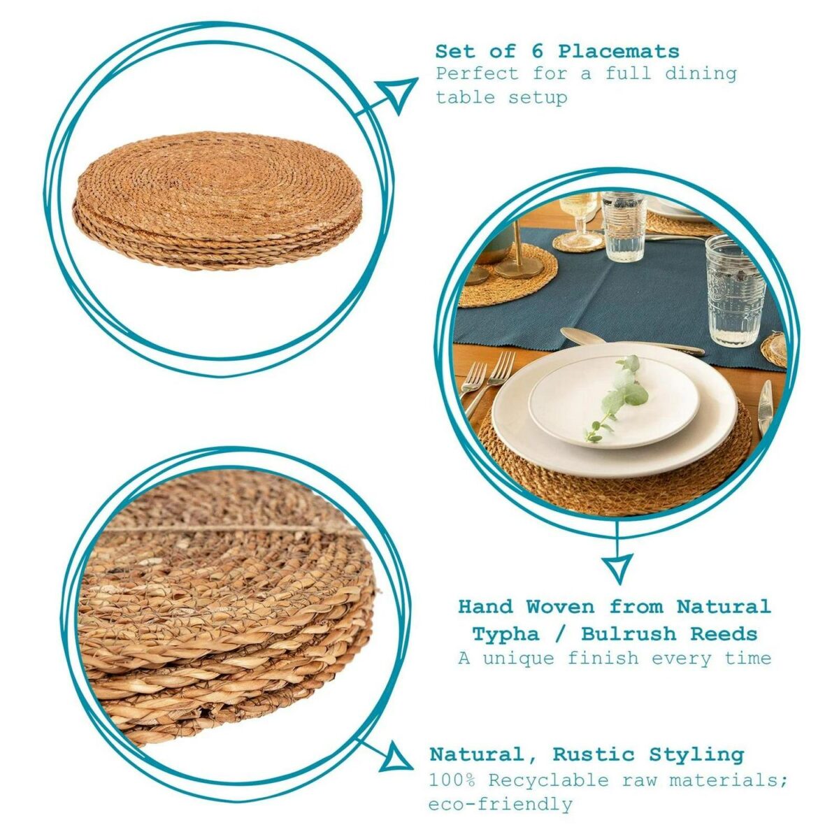 Round Straw Placemats Water Hyacinth Weave Rattan Drinks Mat - Typha - x6 - Image 2