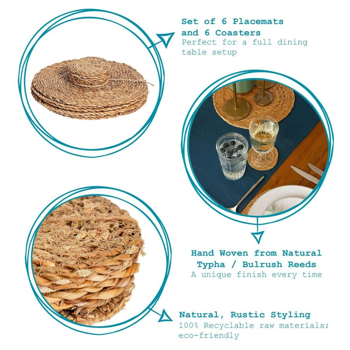 Round Straw Placemats and Coasters Dinner Water Hyacinth Weave - Typha - x12 - Image 2