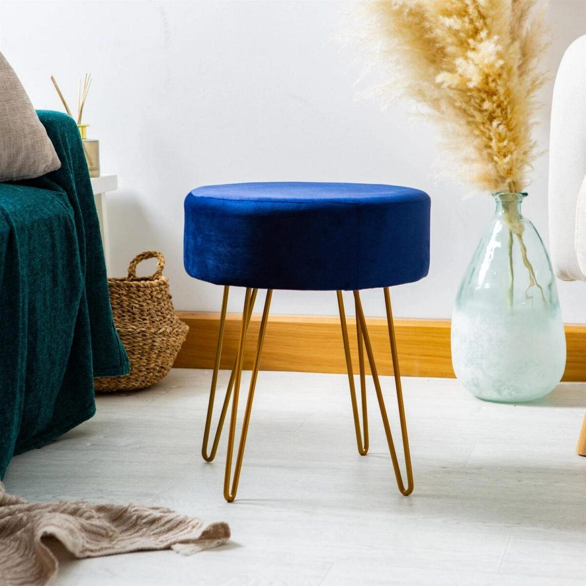 Round Velvet Footstool Bedroom Dressing Table Accent Pouffe 35 x 40cm Blue - Image 7