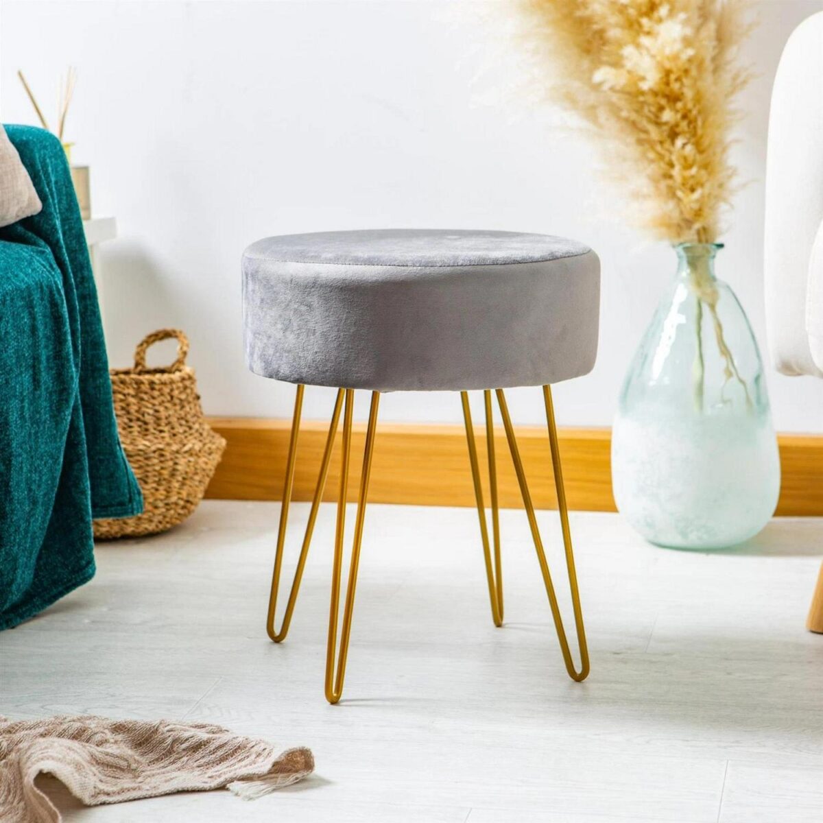 Round Velvet Footstool Bedroom Dressing Table Accent Pouffe 35 x 40cm Grey - Image 7