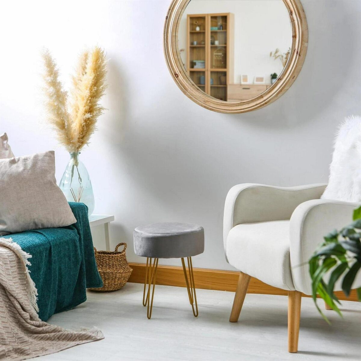 Round Velvet Footstool Bedroom Dressing Table Accent Pouffe 35 x 40cm Grey - Image 6