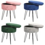 Round Velvet Storage Footstool Ottoman Stool Seat with Black Legs H45 x D36cm