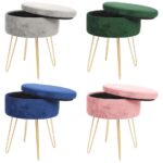 Round Velvet Storage Footstool Ottoman Stool Seat with Gold Legs H45 x D36cm