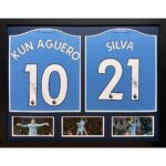 Sergio Aguero and David Silva Double Signed Framed Manchester City Shirts