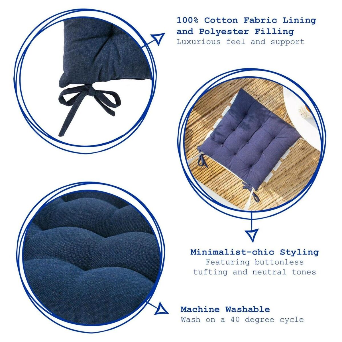 Square Garden Chair Seat Cushion Cotton Polyester Filled Outdoor Dining Pad Navy - Image 2