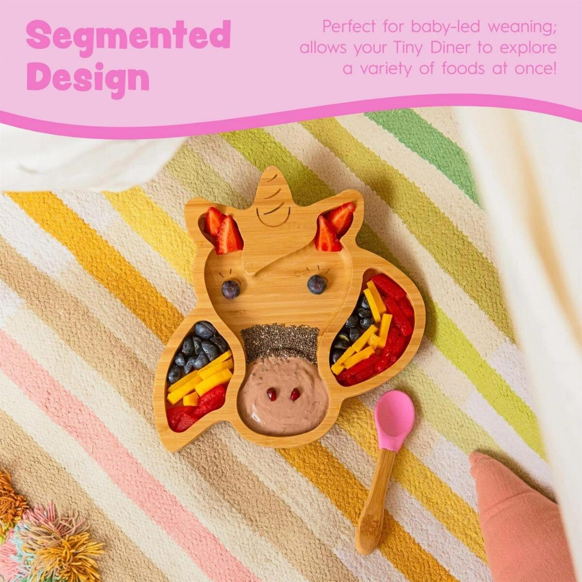 Tiny Dining Blue Unicorn Bamboo Baby Suction Plate Toddler Weaning Feeding Set - Image 2