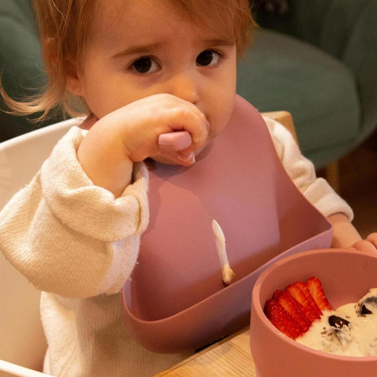 Tiny Dining Dusty Rose Adjustable Silicone Baby Feeding Bib with Food Catcher - Image 4