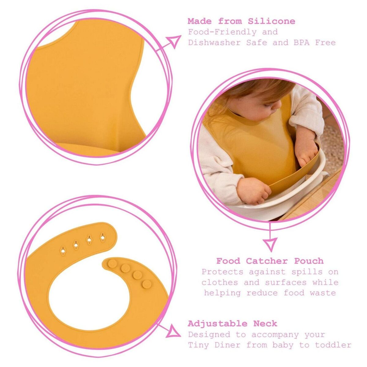 Tiny Dining Dusty Rose Adjustable Silicone Baby Feeding Bib with Food Catcher - Image 2