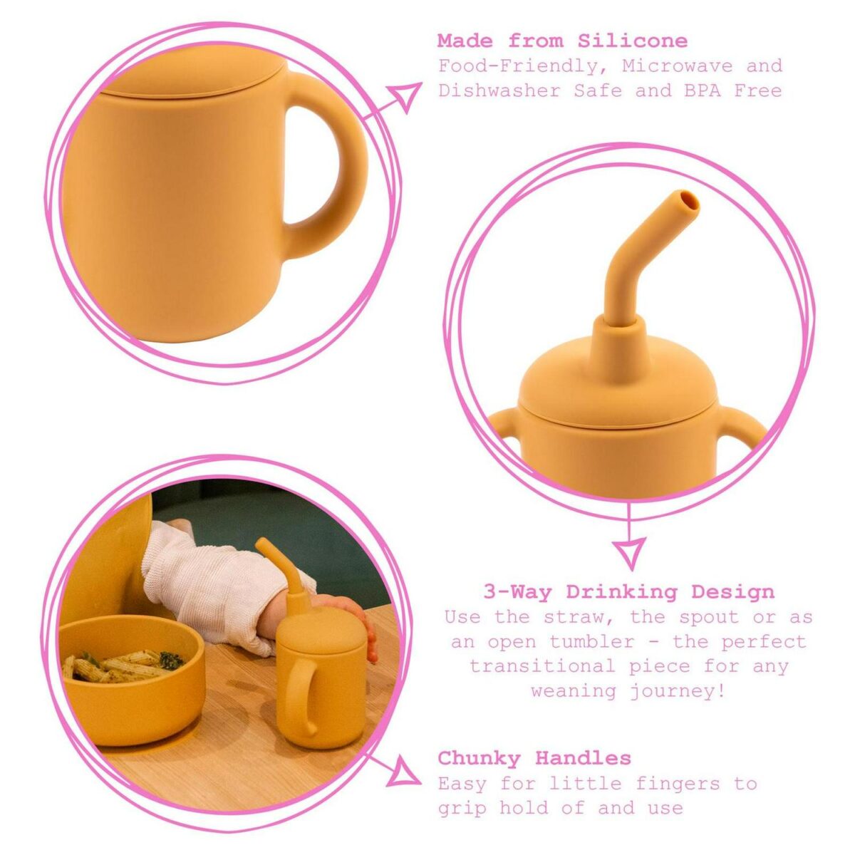 Tiny Dining Ochre 120ml Silicone Baby Sippy Cup with Handles BPA Free - Image 2