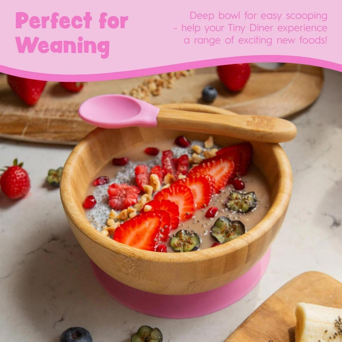 Tiny Dining Pink Bamboo Baby Suction Bowl and Spoon Set Toddler Weaning Feeding - Image 4