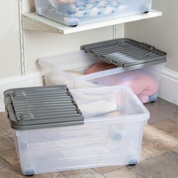 Wham 45 Litre Clear/Cool Grey Box with Wheels and Folding Lid - 5 Pack