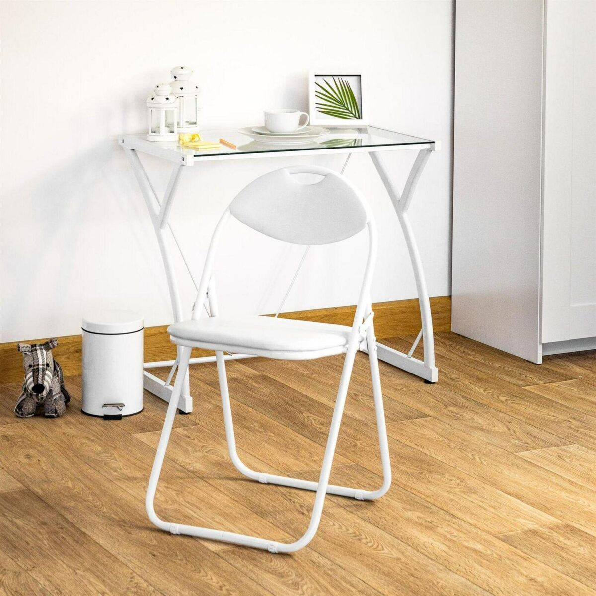 White/White Deluxe Folding Wooden Desk and Chair Set Study PC Computer Table - Image 6