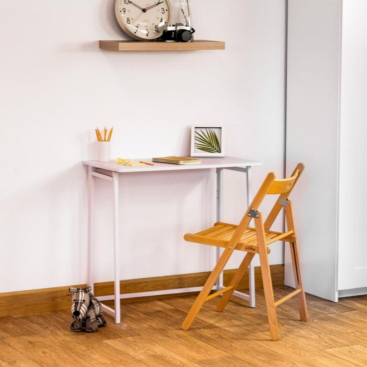 White/White Deluxe Folding Wooden Desk and Chair Set Study PC Computer Table - Image 5