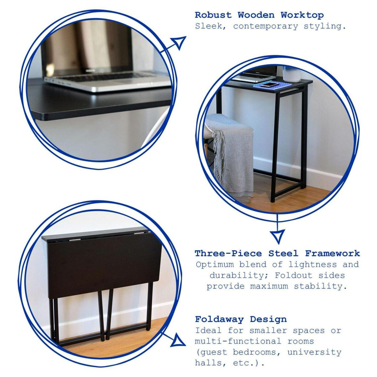White/White Deluxe Folding Wooden Desk and Chair Set Study PC Computer Table - Image 2