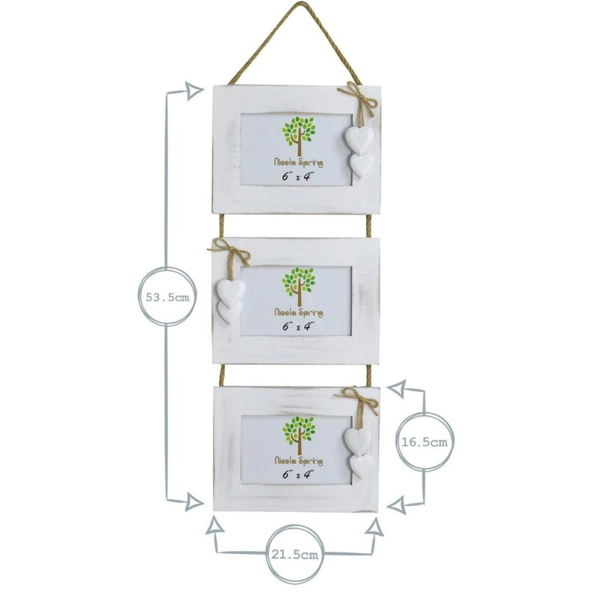 White Wooden Shabby Driftwood Triple Hanging White Hearts Photo Frame-6x4 x5 - Image 3
