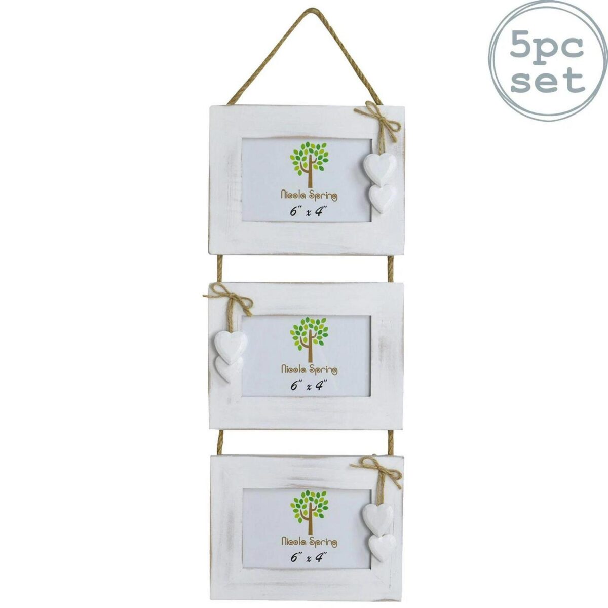 White Wooden Shabby Driftwood Triple Hanging White Hearts Photo Frame-6x4 x5 - Image 1