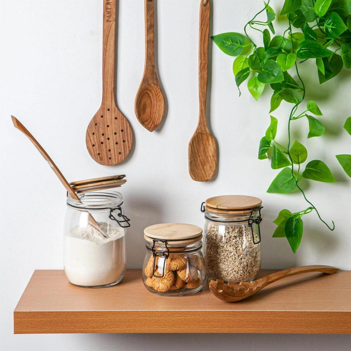 Wooden Clip Lid Storage Jar Modern Food Kitchen Container 1 Litre Clear Seal - Image 4
