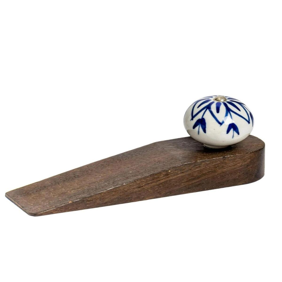 Wooden Door Stop Vintage Interior Kitchen Bedroom Doorstop Wedge Navy Flower - Image 1